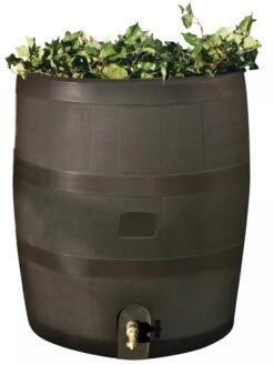 Round Rain Barrel With Planter, 35 Gallons -Grow Essentials Sales 8612856WALNT 01V tif